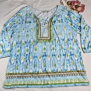 Chico's Blue & Green Patterned Lace-Up Tunic, Size 3